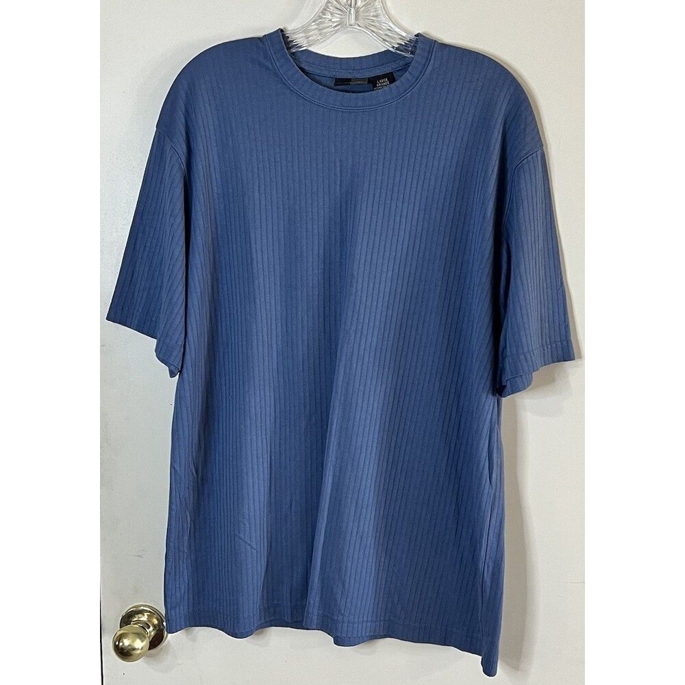 J. Ferrar Shirt Mens L Blue Ribbed Knit Crewneck Short Sleeve Tee Stretchy*flaw*
